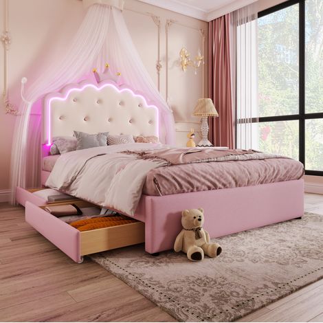 MEUBLIV Letto 140x200 cm rosa – LED, letto estraibile e 2 cassetti, senza materasso (1/5)