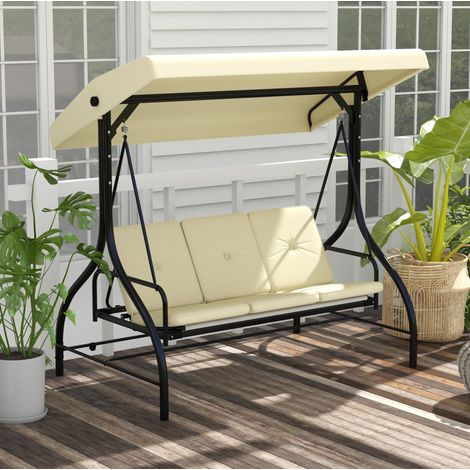 Dondolo da giardino 3 posti in acciaio beige con funzione letto e tettuccio regolabile 195x117x175 cm (1/5)