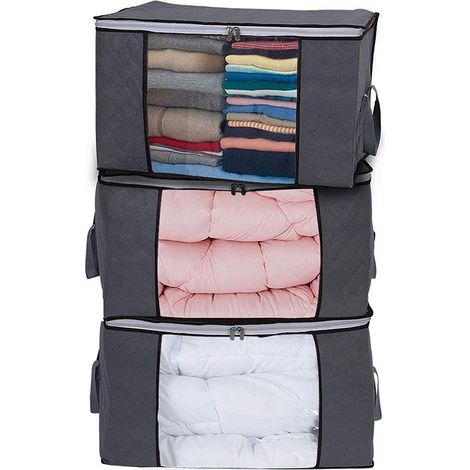 Lot de 3 sacs de rangement pour vêtements, organisateur de placard grande capacité pour couettes, couvertures, édredons et courtepointes (taille king), avec poignée renforcée, fenêtres transparentes e (1/5)