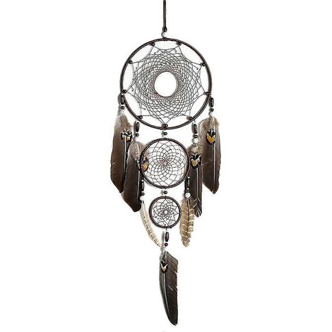 Ornement mural indien fait main composé de 3 anneaux, perles et plumes naturelles, idéal pour décorer votre salon ou votre maison. (1/5)