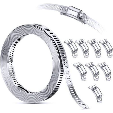 Collier de serrage en acier inoxydable 304 – Longueur 12 pieds – 8 attaches robustes – Pour applications automobiles et conduits d'aération