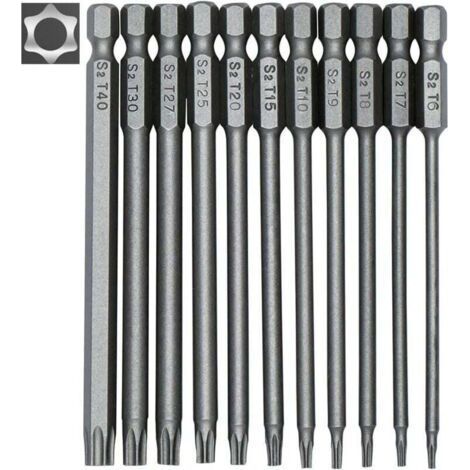 Set of 11 long Torx bits for screwdrivers and electric screwdrivers - Magnetic bits - 1/4" hex shank - Sizes T6 to T40 - Length 100 mm - (1/4)