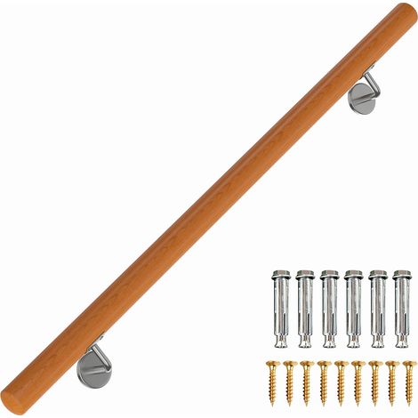 80CM Main Courante en Bois de Hêtre, Rampe Murale avec Fixation Inoxydable, Antidérapantes Intérieures pour Salle de Bain, Cuisine,Bar, Charge 200 kg (1/2)