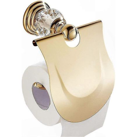 Distributeur de papier toilette mural avec couvercle, finition or, design élégant pour salle de bain. (1/5)