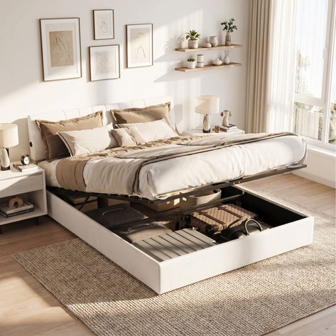 Lit coffre 160x200 cm,lit double adulte avec sommier à lattes,chargement usb bilatéral et rangement hydraulique,velours teddy,blanc (1/5)