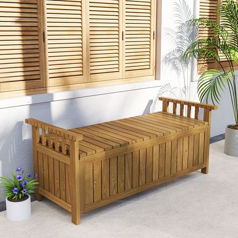 Panchina da giardino in legno a 2 posti con vano portaoggetti da 151 litri, panchina da esterno con braccioli, 128,5 x 56 x 53,5 cm, marrone