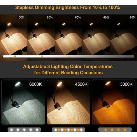 Ulisem Lampe de Lecture Rechargeable, 9 LED Liseuse Lampe Clip, Gradation Progressive & 3 Modes Protection des Yeux (Blanc Froid&Chaud), 360° Cou Flexible, Indicateur, Longue Travail pour Lire au Li (1/4)