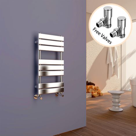 ELEGANT 800 x 400 Chrome Designer Flat Panel Heated Towel Rail Radiator + Angled Radiator Valves (1/5)