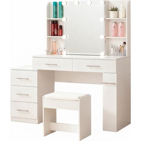 ELVMI Coiffeuse avec Miroir Coulissant, 3 Tiroirs, 2 Étagères et 10 LED, en MDF, Blanc, 100 x 40.5 x 136 cm (1/5)