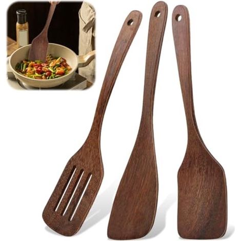 Juego de 3 espátulas de cocina de madera - Aptas para revestimientos antiadherentes - 30 cm - Marrón (1/5)