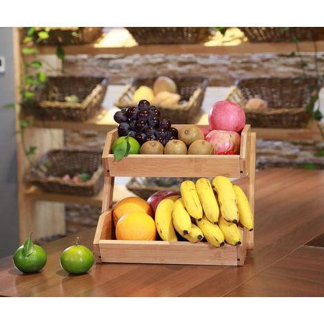 Mensola portafrutta in bambù a due ripiani, ideale per conservare verdura e pane in cucina, colore naturale. (1/4)