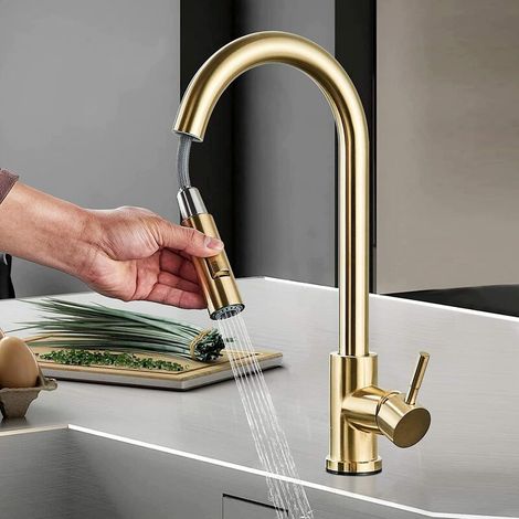 Kitchen Mixer Tap with Pull Out 360° Swivel Spout 2 Water Modes High Arc Single Lever Brass Bathroom Mixer Tap, Brushed Gold (1/5)