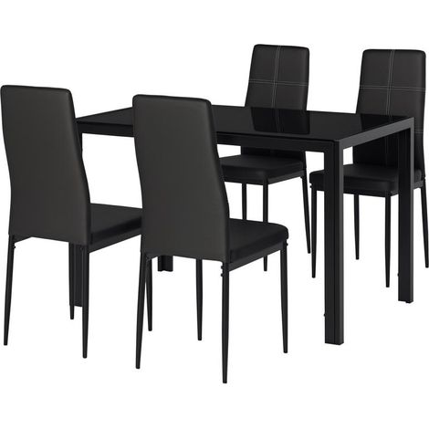 Lot table et 4 chaises noir avec plateau en verre trempé et chaises en similicuir, ensemble 5 pièces rectangulaire moderne (1/5)