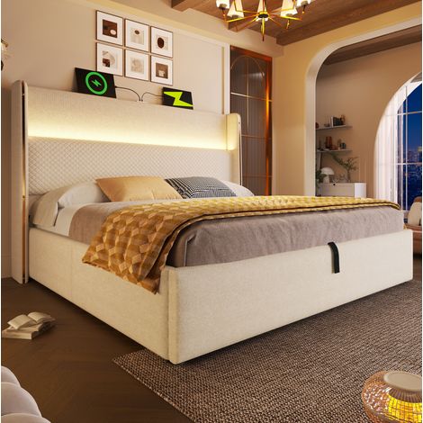 Hydraulisches Bett 160x200 cm Beige aus Leinen mit hohem Kopfteil, LED-Beleuchtung, USB/Type-C und Stauraum (1/5)
