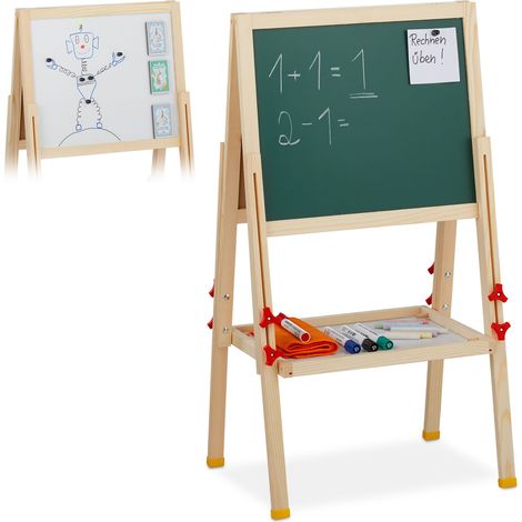 Relaxdays Pizarra Infantil Doble, Altura Ajustable, Magnética, Rotuladores y Tizas, Madera, 81-104 x 45 x 42 cm, Marrón