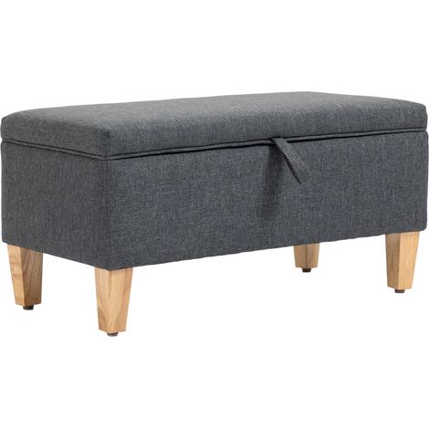 30L Linen Storage Ottoman Padded Footstool with Rubberwood Legs for Storage Box, Bed End, Shoe Bench, Seating, Dark Grey