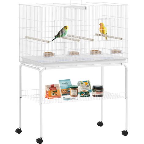 Gabbia uccelli con mangiatoie divise, vassoio rimovibile, supporto, per canarini e parrocchetti, 94x57x57/128 cm, bianca