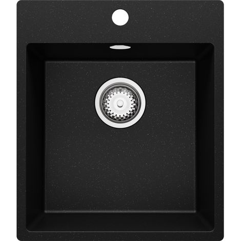 PRIMAGRAN Evier Cuisine en Granit 43x50cm, Lavabo 1 bac + Kit de Vidage, Évier à Encastrer au meuble 45cm - Riga, Noir Métallisé (1/5)