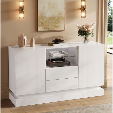 Sideboard 140x40x80 cm aus Spanplatten, Weiß, mit steuerbarer LED – MEUBLIV (1/5)
