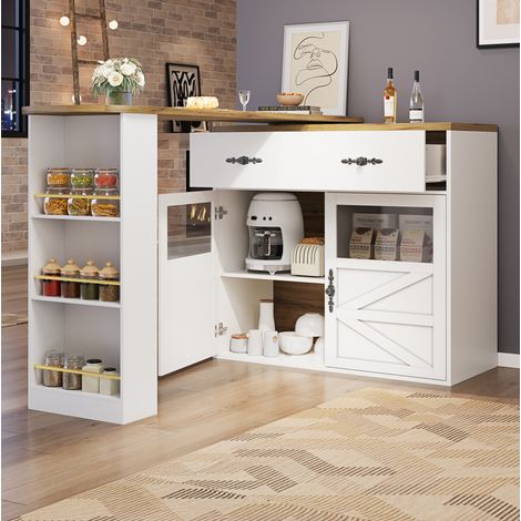 Ausziehbarer Bartisch mit Stauraum 138-204 x 39 x 104 cm, 360° drehbar, weiß HAVRYA (1/5)