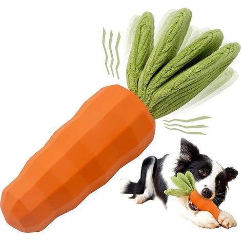 Strapazierfähiges, karottenförmiges Kauspielzeug aus Naturkautschuk für Welpen mittelgroßer und großer Rassen quietscht und fördert die Zahnhygiene. (1/5)