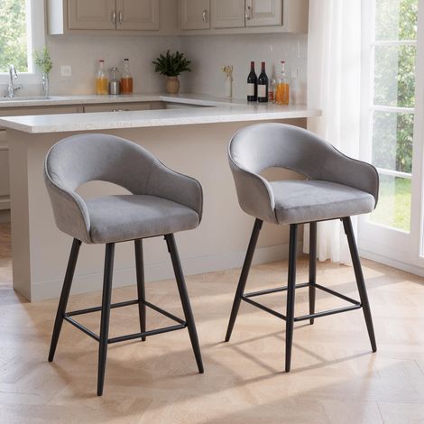 Wahson Bar Stools Set of 2 Upholstered in Velvet Counter Chairs with Hollow Backrest Swivel High Stools for Home Bar, Grey (1/5)