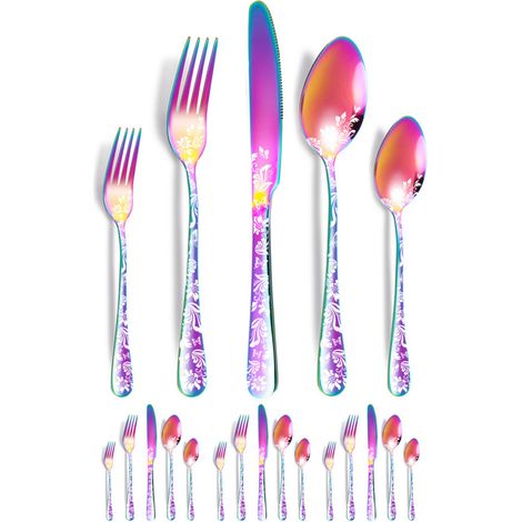 Ensemble de couverts 20 pièces en acier inoxydable à finition polie miroir : 4 couteaux, fourchettes, cuillères et cuillères à café ornés d’un magnifique motif floral, idéal pour la cuisine, les resta (1/5)