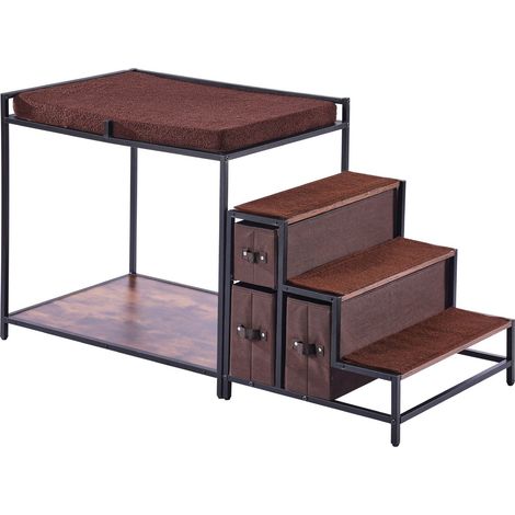Lit superposé pour animaux avec escaliers et rangement,idéal pour chiens et chats de taille moyenne,intérieur marron foncé (1/5)