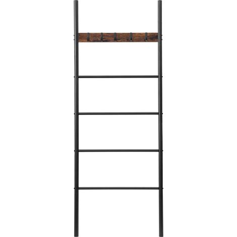 Porte-Serviettes sur Pied, Étagère Échelle, 5 Amovibles Crochets, 60 x 2 x 177 cm, Petits Espaces, pour couvertures, vêtement, journaux, Marron Rustique et Noir (1/5)