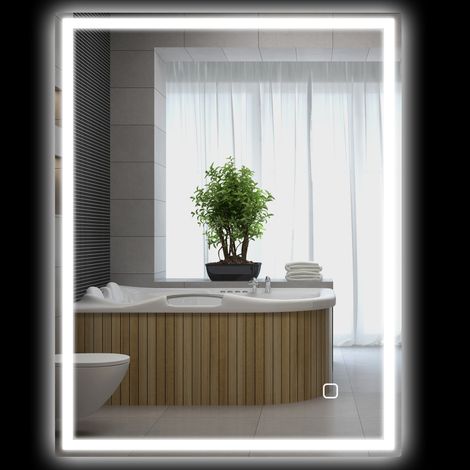 Miroir mural LED salle de bain 90x70 cm, lumineux avec mémoire, 3 couleurs d'éclairage argenté (1/5)