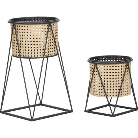 Lot de 2 Cache-Pots sur Pied "Osaka" 40cm Noir & Naturel