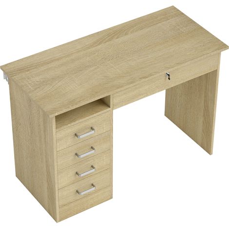 Bureau design 5 tiroirs, grand plan de travail, casier ouvert, tiroir avec serrure, 110x50x76cm, chêne (1/5)