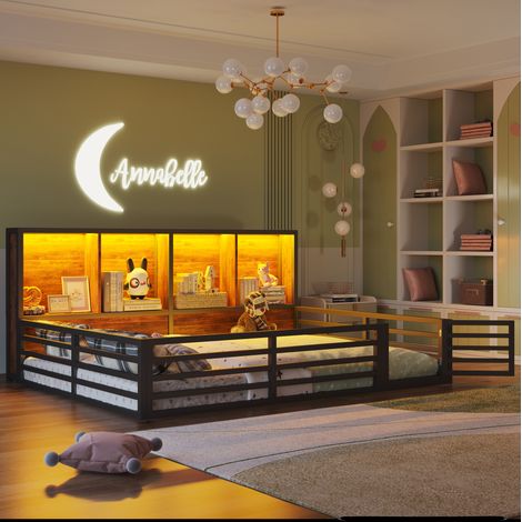 DESVIAE Lit cabane avec barrières 140 x 200 cm avec rangements latéraux et éclairage led noir cadre métal et MDF (1/5)