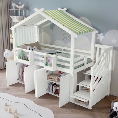 MEUBLIV Etagenbett 90x200 cm Weiß-Grün – Stauraumtreppe und Dachdesign, ohne Matratze (1/5)