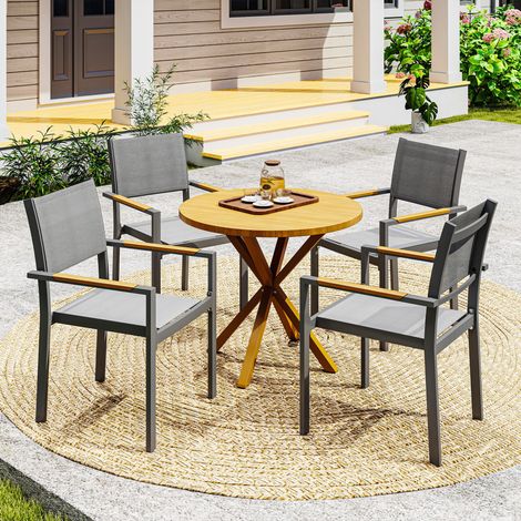 Lot de 4 fauteuils de terrasse, sièges de table avec bras en aluminium aspect bois, couleur gris clair (1/5)
