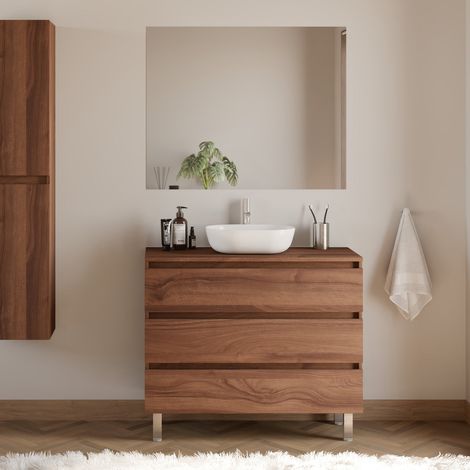 Meuble de salle de bain 100cm avec plateau et vasque à poser arrondie - 3 tiroirs - noyer (bois foncé) - MAYOR