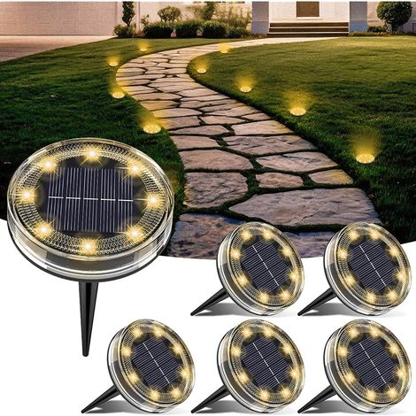 Lot de 6 Lampe Solaire Au Sol, 8 LED Lumiere Solaire Exterieur Jardin IP68 Étanche, Spot Solaire Extérieur pour Chemins Pelouse Terrasse Allée Cour Piscine Passerelle, Blanc Chaud (1/5)