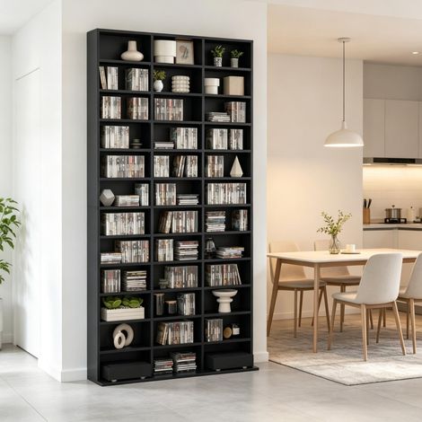 Estantería multimedia de pie 102x23,5x195 cm en MDF negro para salón – MEUBLIV (1/5)