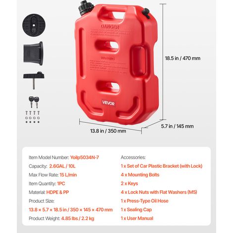 VEVOR Fuel Container, 10 L, Gas Can with Spout and Lockable Bracket, 15 L/min Max Flow Rate, Secure & Leak-proof, Portable Flat Fluid Container for Most Cars Motorcycle ATV UTV, Red (1/4)