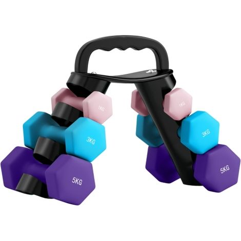 Set di manubri con supporto per riporli, composto da 6 manubri per allenamento fitness, di cui 2 da 1 kg, 2 da 3 kg e 2 da 5 kg. Consegna a domicilio. (1/5)