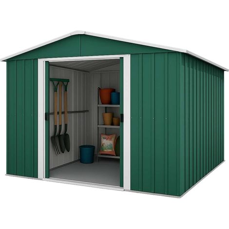 M&S – Abri de jardin métal vert 9,03 m² – Structure galvanisée anti-corrosion – Kit d'ancrage inclus – Accès facile avec portes coulissantes