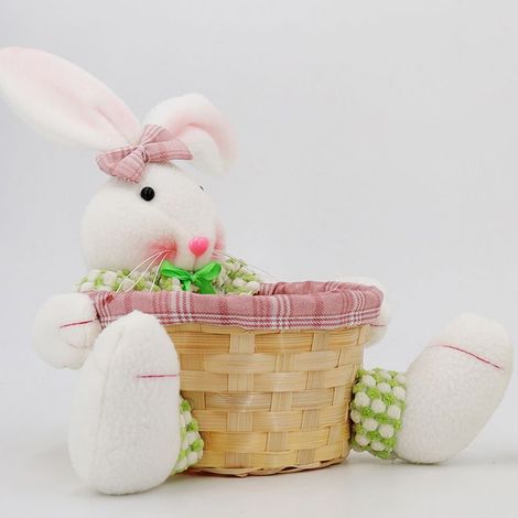 Panier tressé en forme de lapin de Pâques, contenant des bonbons et des seaux à œufs, idéal pour les fêtes de Pâques. Parfait pour ranger des figurines de lapin de Pâques ou des bonbons. (1/5)