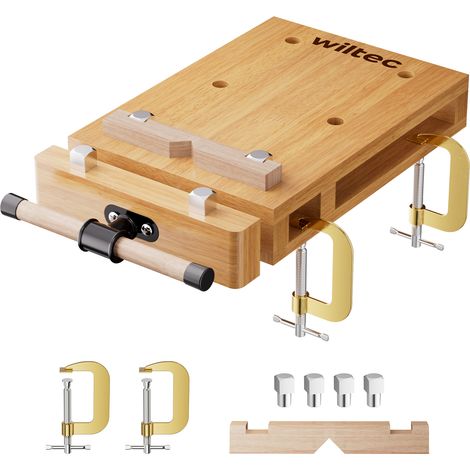 Wiltec Tragbare Hobelbank 45,5x28x7 cm & Schraubstock Mini-Werkbank aus Buchenholz Mobil Tragbar für Klemmen Hobeln