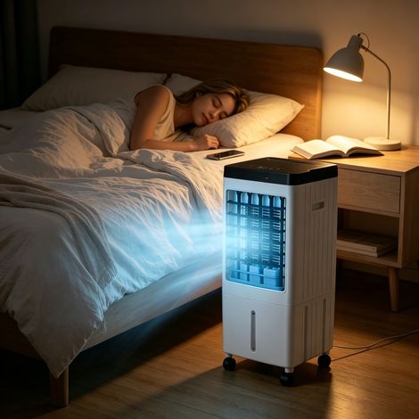 Climatiseur portable rafraîchissant à évaporation, réservoir 10L, télécommande, programmateur 7,5h, ventilateur de maison et chambre (1/5)