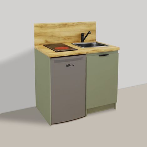 Inoval – Kitchenette TERRA VERT ARGILE 100cm – Meuble bas mélaminé 19mm – Plaque vitrocéramique 3000W – Réfrigérateur table top 86L (1/4)