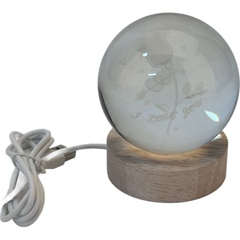 Boule de Cristal Lumineuse 3D Sculptée à la Main - Éclairage Doux & Décor Artisanal avec Support en Bois - Moderne/Rétro - 10cm, Blanc - Cadeau Unique