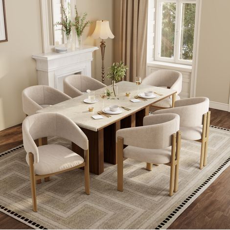 Sedie da pranzo in metallo effetto legno, set da 6, con braccioli, in lino beige chiaro DESVIAE (1/5)