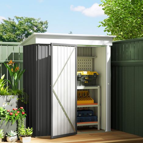 Gartenschuppen, Outdoor-Geräteschuppen aus Wellstahl, Wanddesign, verstellbare Regalböden, verschließbare Tür Dunkelgrau