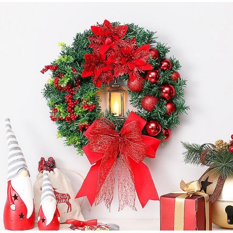 (40 Cm, Ruban Rouge Et Lumires) Couronne De Nol Pour Porte, Couronne De Nol, Dcoration De Nol, Couronne Artificielle, Suspendre, Dcoration De Nol (1/4)