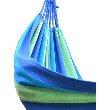 Hamac de camping double portable avec deux sangles, hamac en tissu rayé coloré, adapté à une utilisation intérieure et extérieure, bleu. (1/5)